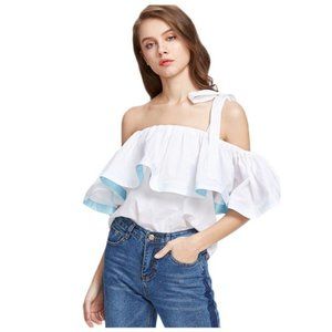 White Ruffle Off The Shoulder Satin Trim Top One Size